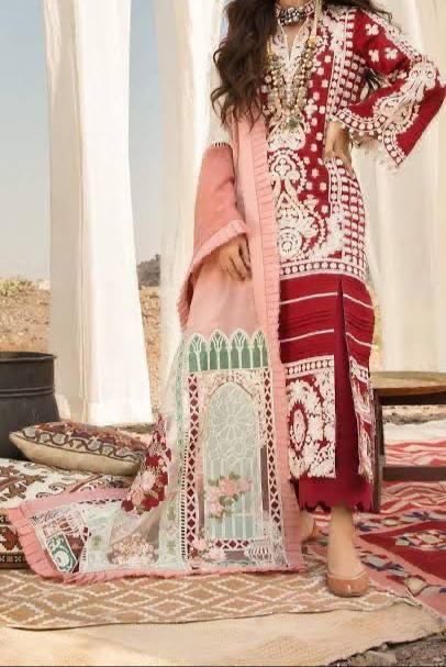 Fancy Collection – Unstitched Heavy Embroidered Cotton 3 Piece Suit with Pure Silk Digital Dupatta
