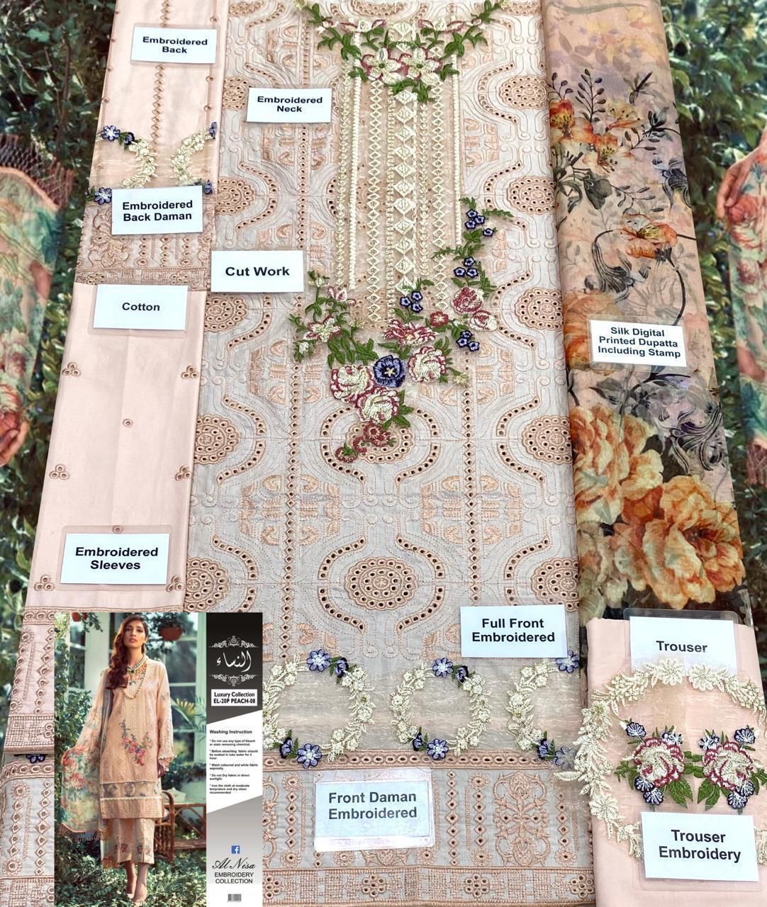 Elaf Luxury Lawn Collection – Unstitched Fully Embroidered Schiffli 3 Piece Suit with Pure Silk Dupatta