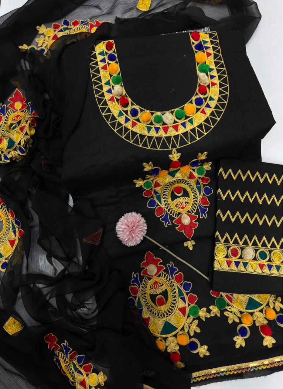 Fiddani Premium 3PC Lawn Cotton Suit – Heavy Embroidered Aara Work Shirt with Chiffon Dupatta