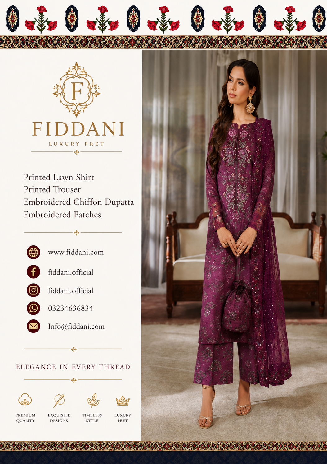 FIDDANI Unstitched Summer Luxury Premium Lawn & Chiffon Embroidered Suit