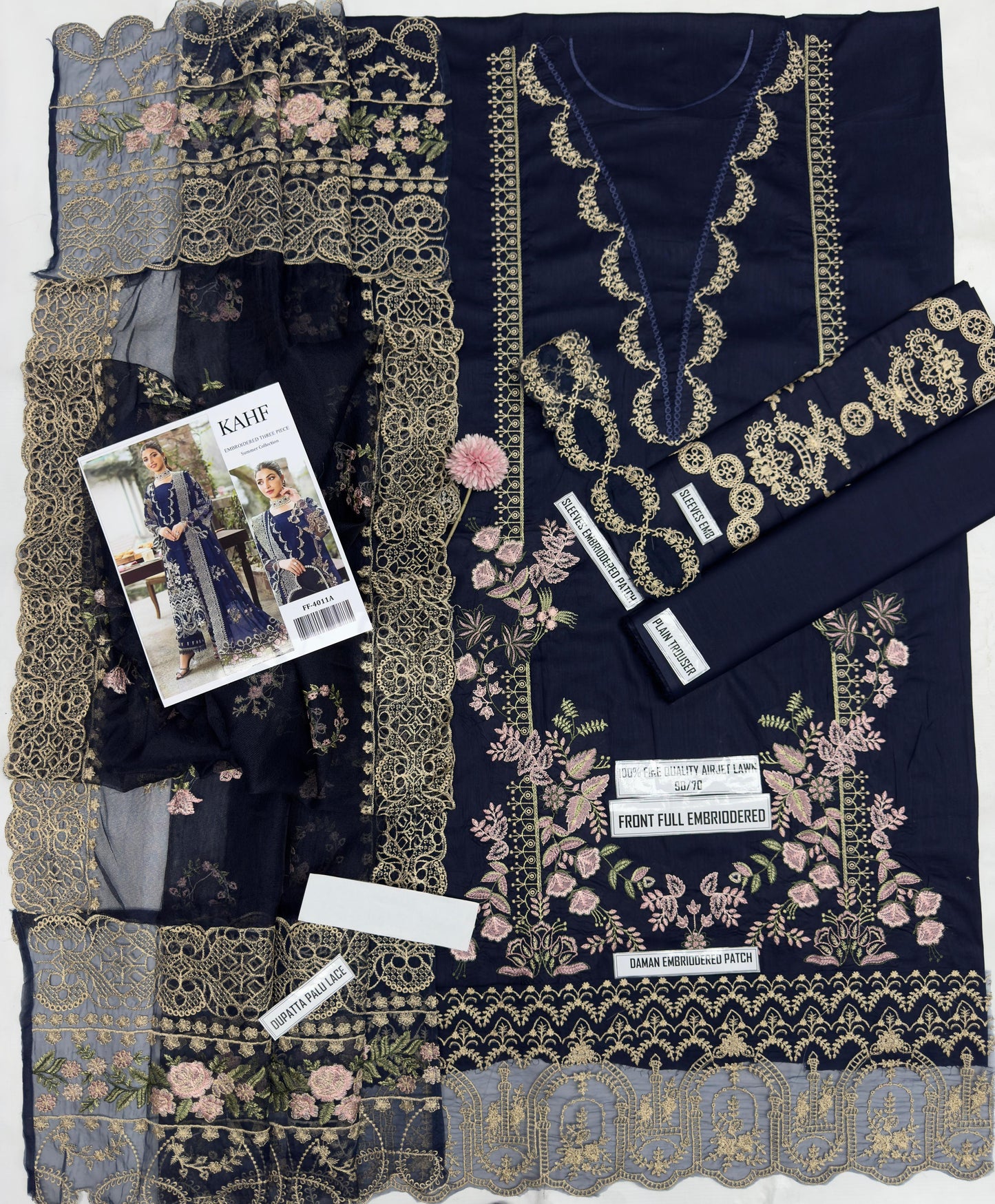 Fiddani Designer Airjet Lawn Unstitched Suit – Embroidered Front, Daman, Sleeves & Dupatta