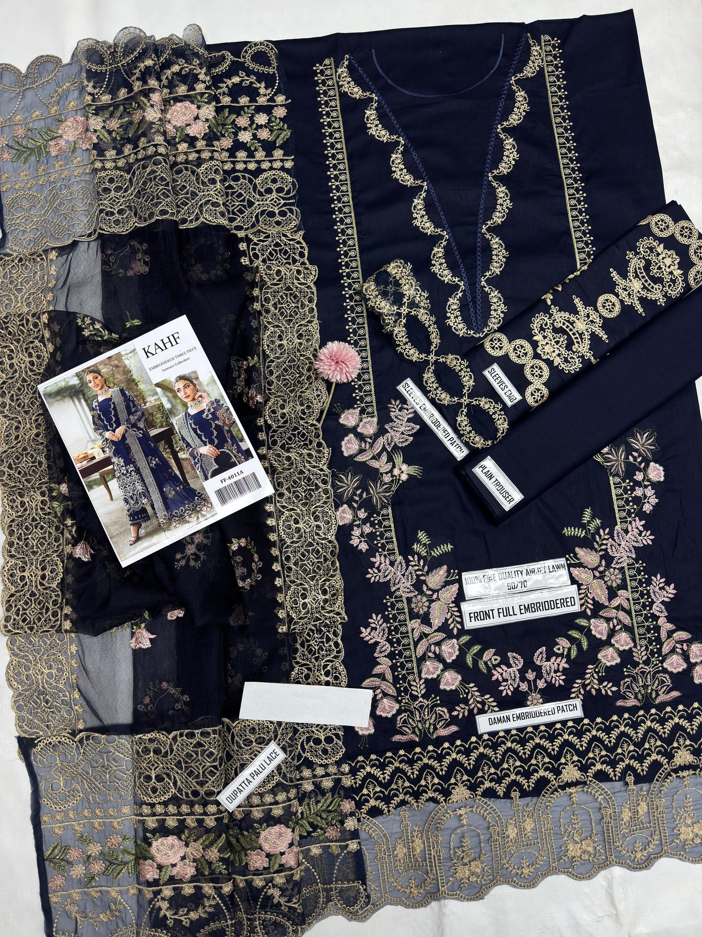 Fiddani Designer Airjet Lawn Unstitched Suit – Embroidered Front, Daman, Sleeves & Dupatta