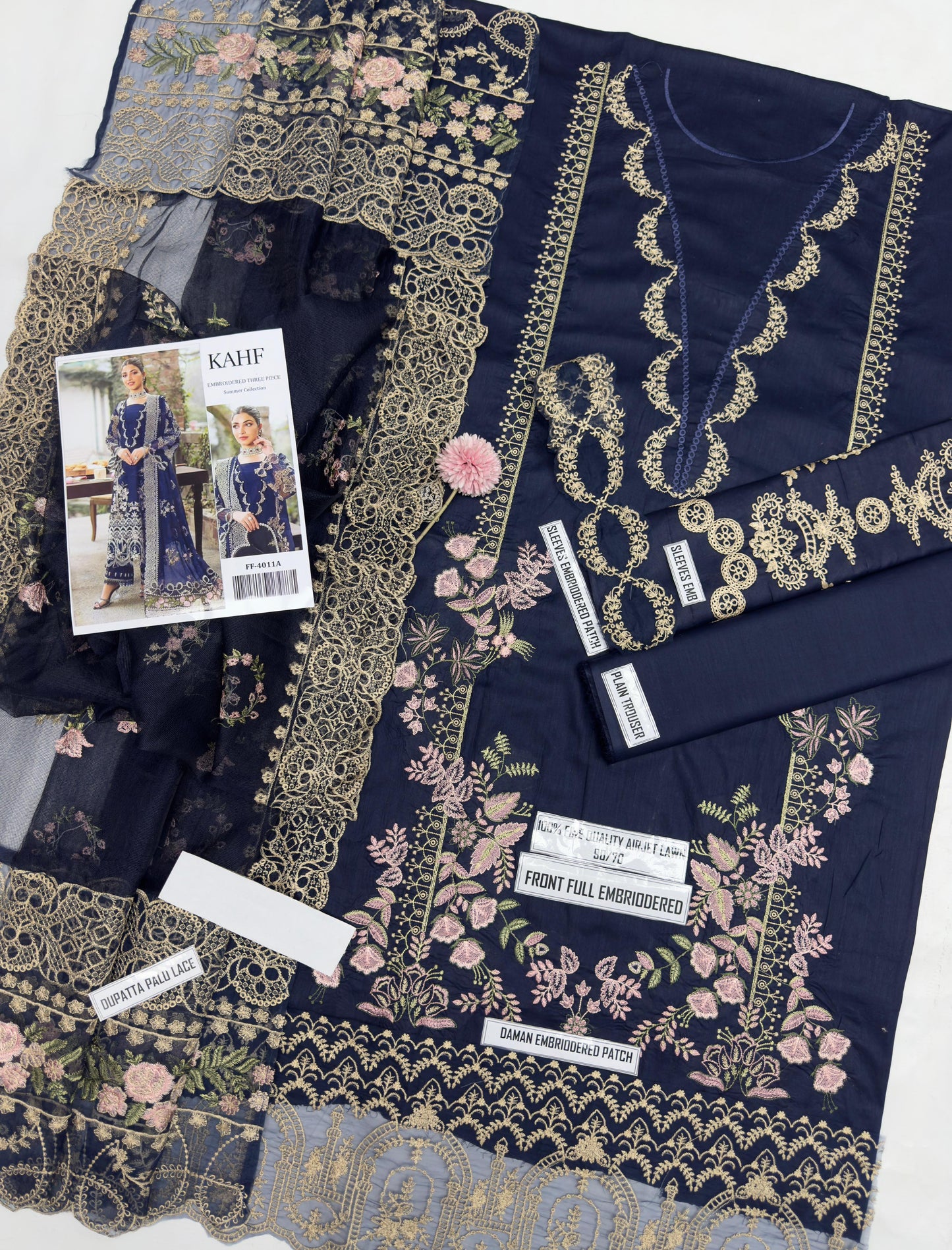 Fiddani Designer Airjet Lawn Unstitched Suit – Embroidered Front, Daman, Sleeves & Dupatta