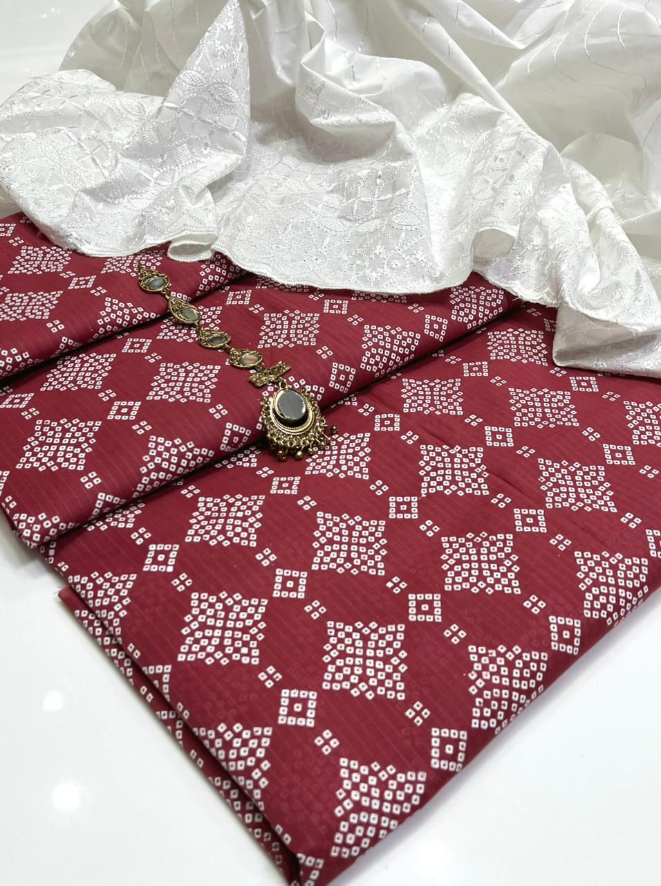 New Arrival –Unstitched  Pure Lawn Cotton 2 Piece Suit with Bana Doria Printed Shirt & Chicken Embroidered Trouser