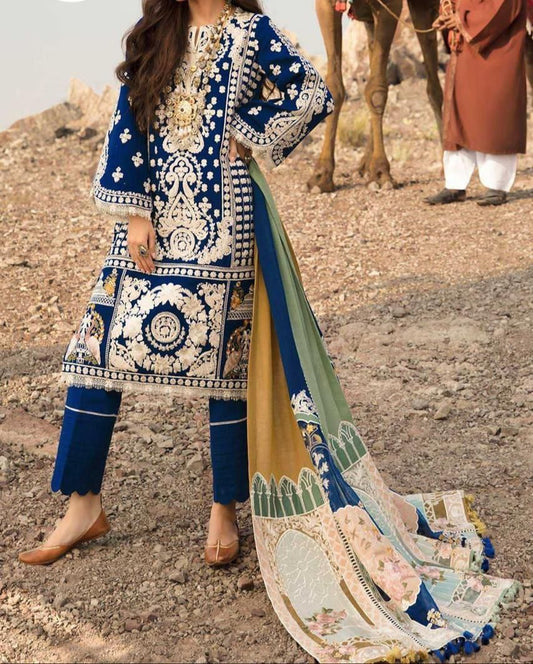 Fancy Collection – Unstitched Heavy Embroidered Cotton 3 Piece Suit with Pure Silk Digital Dupatta