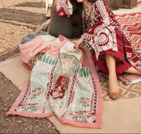 Fancy Collection – Unstitched Heavy Embroidered Cotton 3 Piece Suit with Pure Silk Digital Dupatta