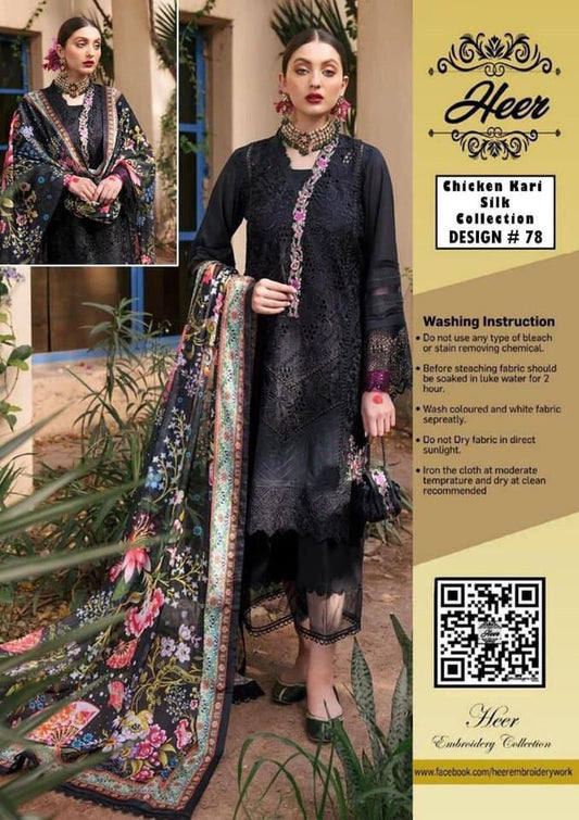 Heer Collection Summer Lawn Suit Design #78 – Black & Pink Heavy Embroidered Chicken Kari with Pure Silk Dupatta