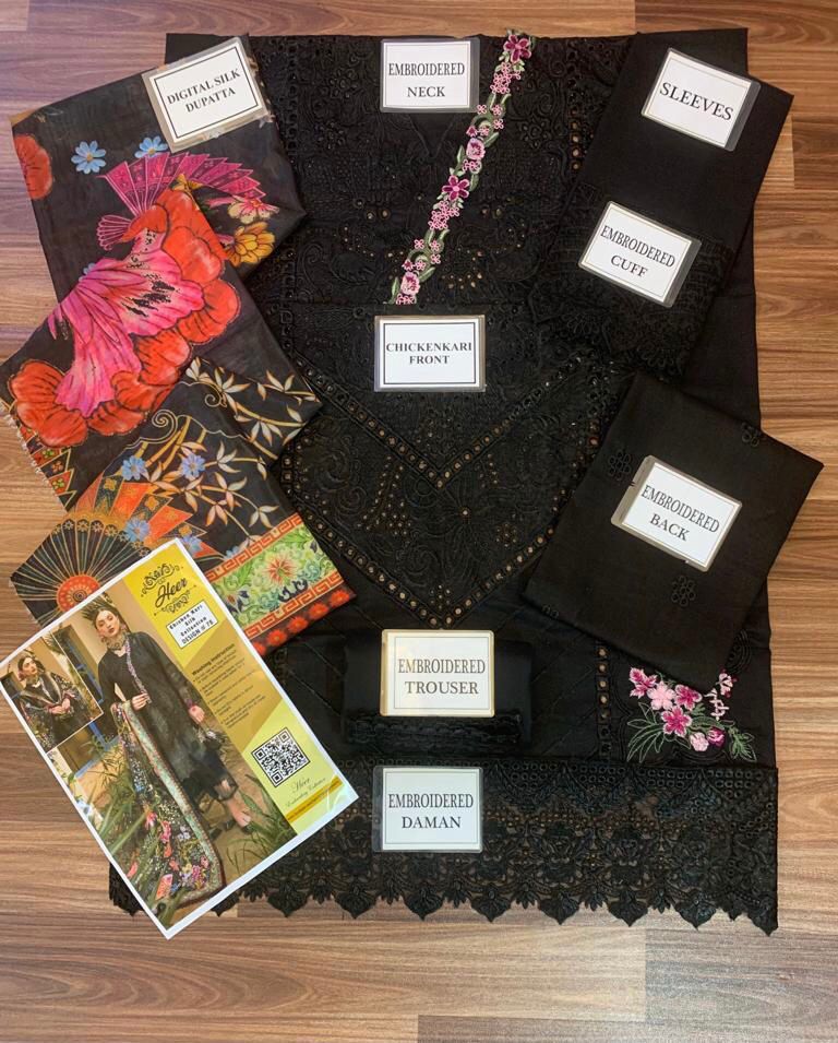 Heer Collection Summer Lawn Suit Design #78 – Black & Pink Heavy Embroidered Chicken Kari with Pure Silk Dupatta