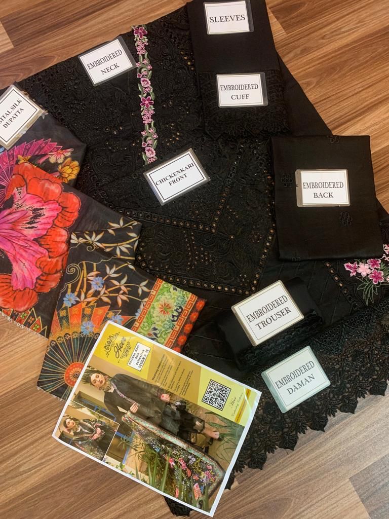 Heer Collection Summer Lawn Suit Design #78 – Black & Pink Heavy Embroidered Chicken Kari with Pure Silk Dupatta