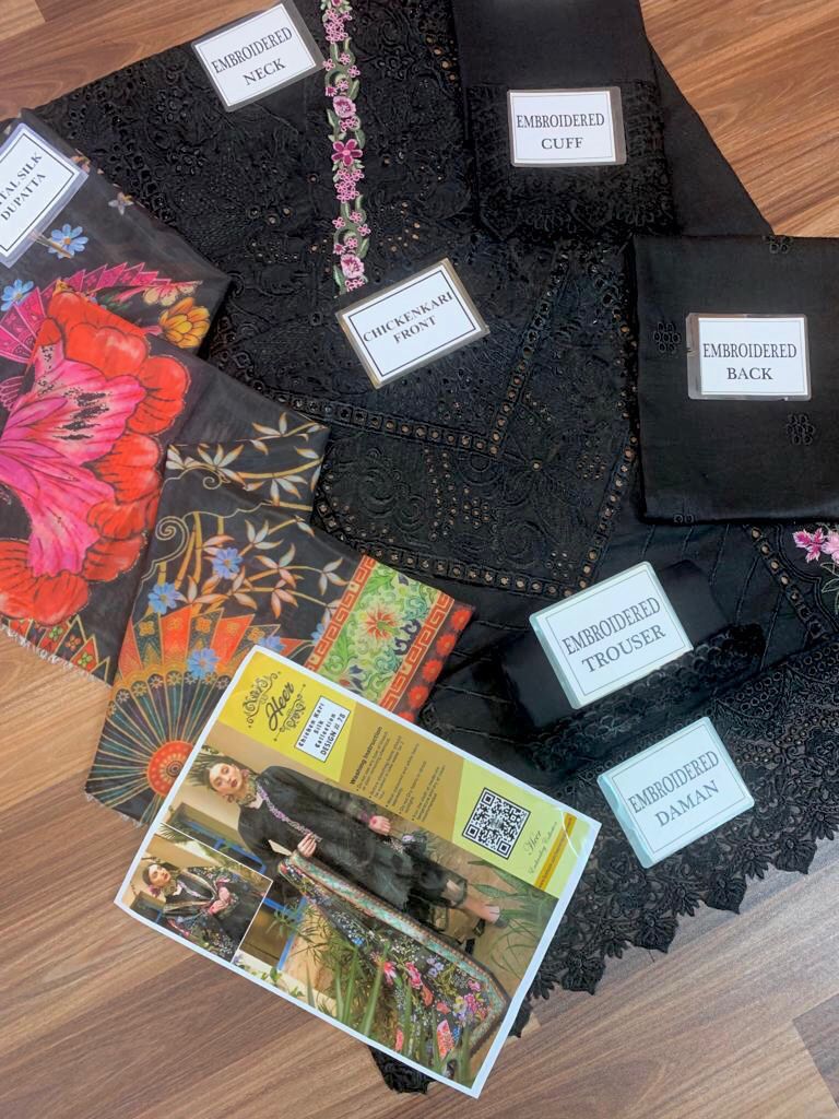 Heer Collection Summer Lawn Suit Design #78 – Black & Pink Heavy Embroidered Chicken Kari with Pure Silk Dupatta