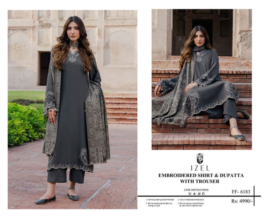 IZEL Premium Unstitched Lawn Suit – Heavy Embroidered Shirt with Digital Print Voil Dobby Dupatta (3 Piece)