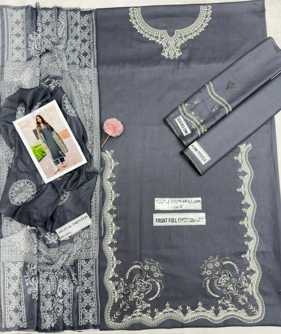 IZEL Premium Unstitched Lawn Suit – Heavy Embroidered Shirt with Digital Print Voil Dobby Dupatta (3 Piece)