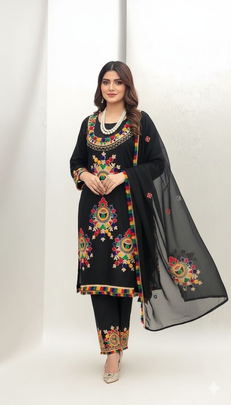 Fiddani Premium 3PC Lawn Cotton Suit – Heavy Embroidered Aara Work Shirt with Chiffon Dupatta