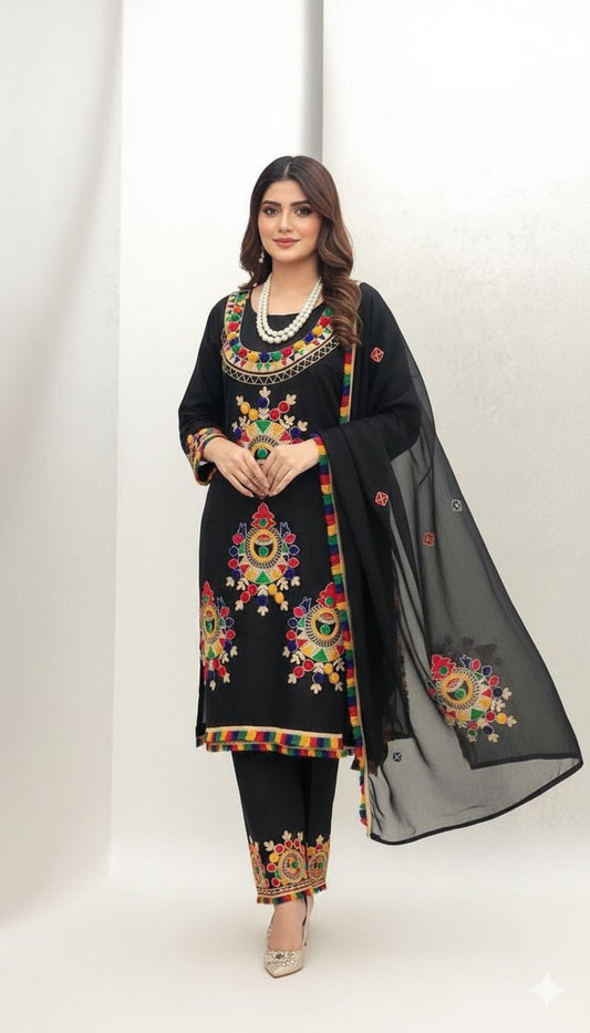 Fiddani Premium 3PC Lawn Cotton Suit – Heavy Embroidered Aara Work Shirt with Chiffon Dupatta