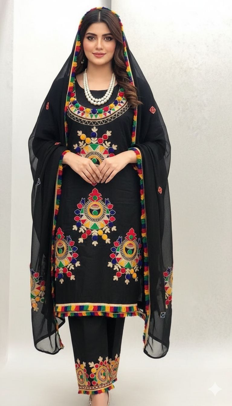 Fiddani Premium 3PC Lawn Cotton Suit – Heavy Embroidered Aara Work Shirt with Chiffon Dupatta