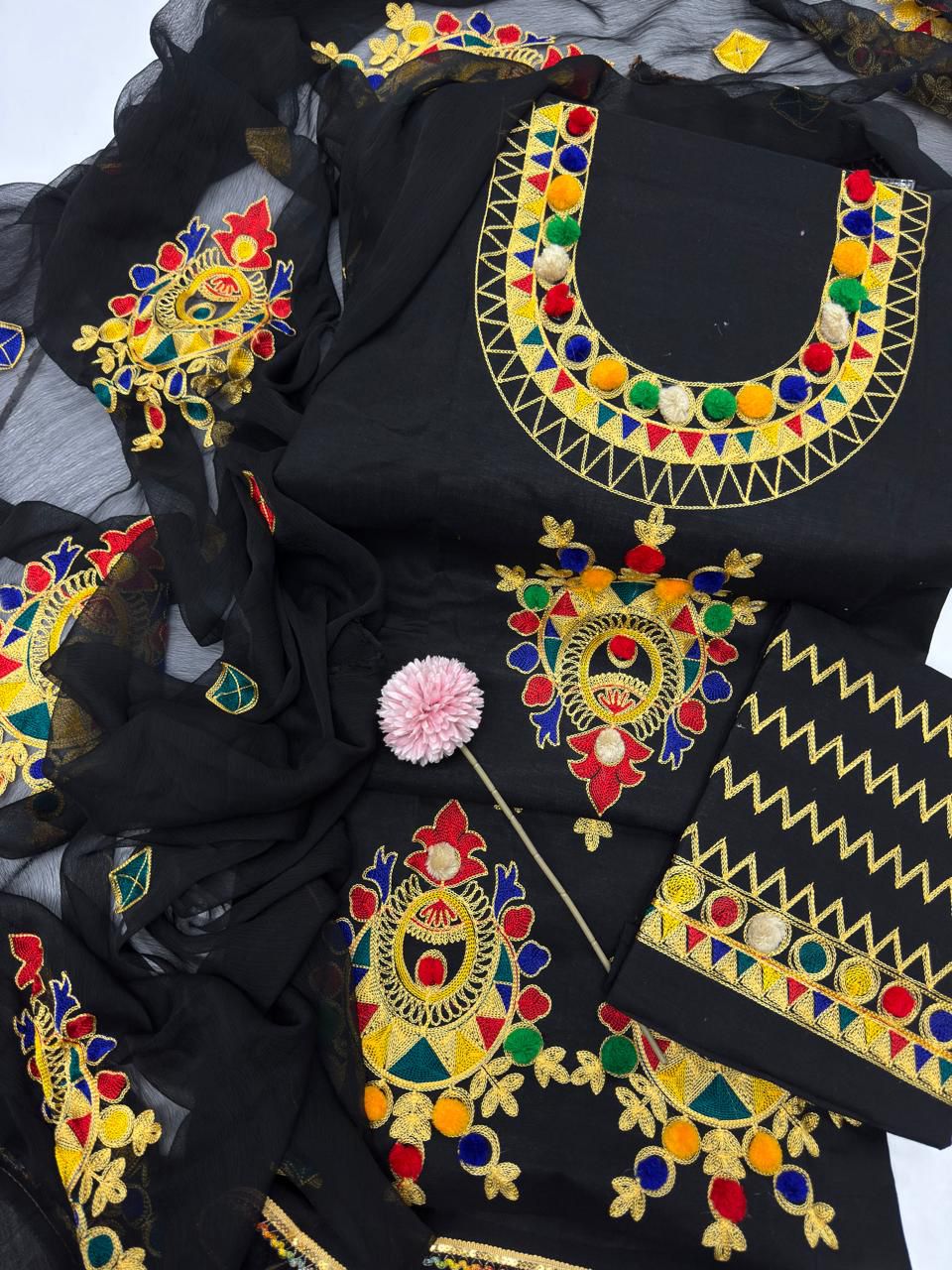 Fiddani Premium 3PC Lawn Cotton Suit – Heavy Embroidered Aara Work Shirt with Chiffon Dupatta