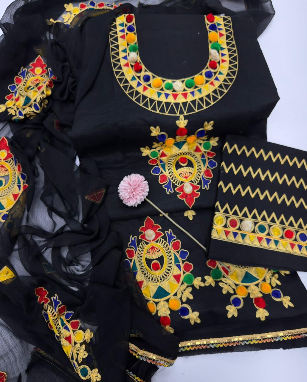 Fiddani Premium 3PC Lawn Cotton Suit – Heavy Embroidered Aara Work Shirt with Chiffon Dupatta