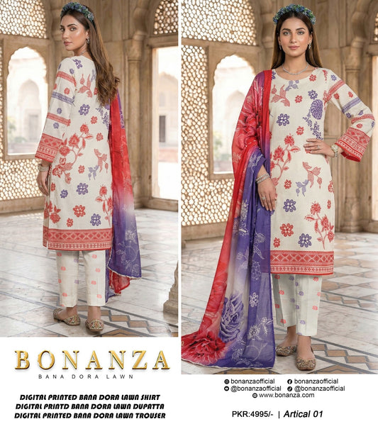 Bonanza Bana Dora Printed Lawn 3PC Suit – Digital Shirt, Doria Trouser & Dupatta | 2026 Collection