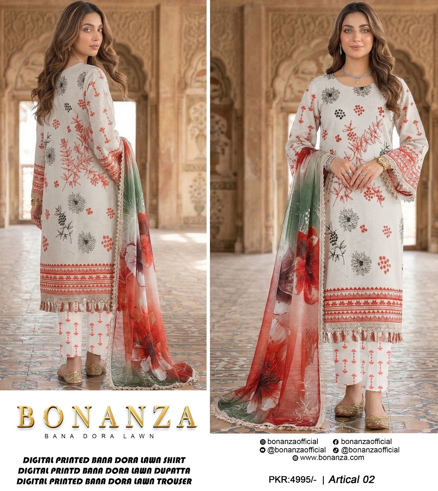 Bonanza Bana Dora Printed Lawn 3PC Suit – Digital Shirt, Doria Trouser & Dupatta | 2026 Collection