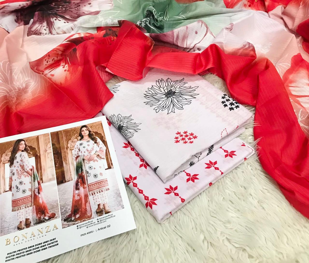 Bonanza Bana Dora Printed Lawn 3PC Suit – Digital Shirt, Doria Trouser & Dupatta | 2026 Collection