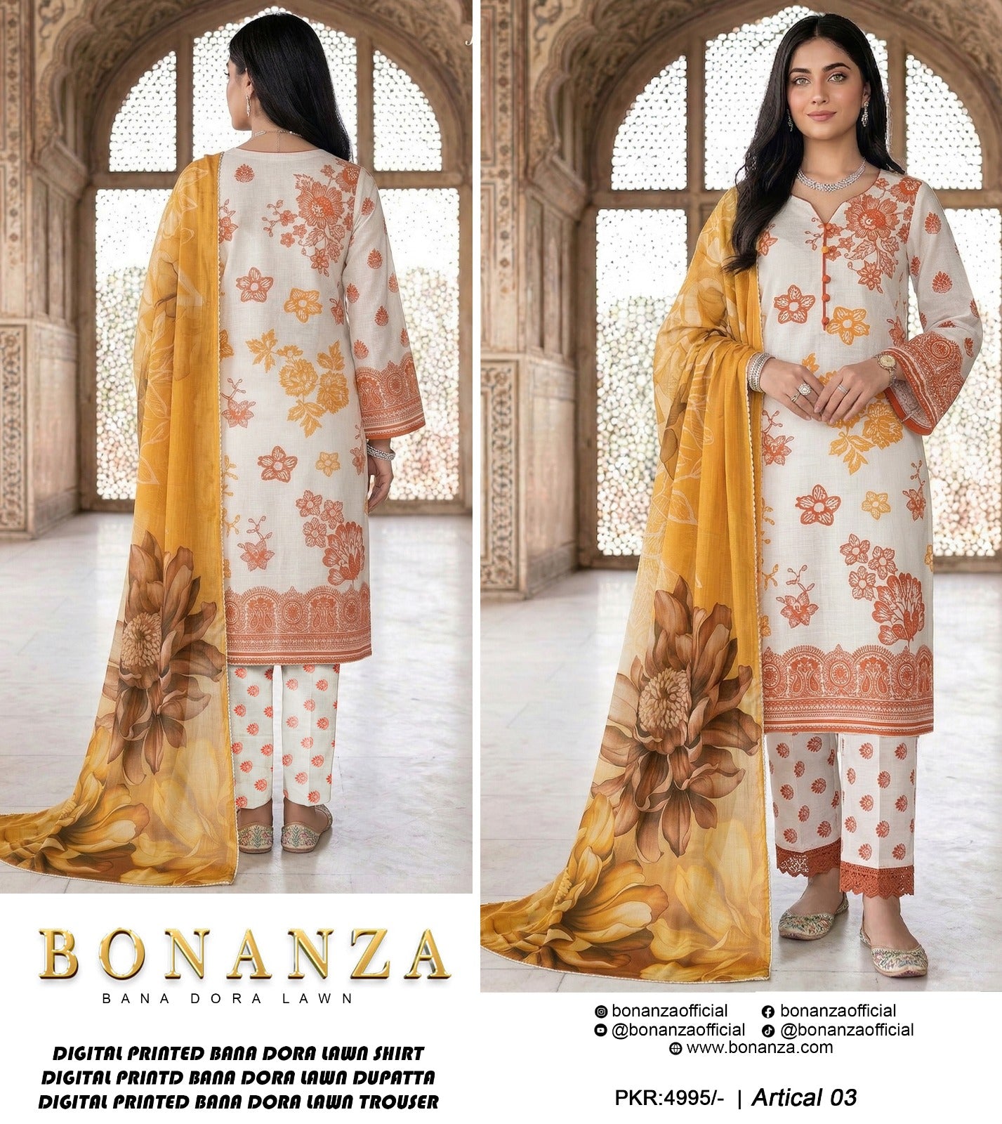 Bonanza Bana Dora Printed Lawn 3PC Suit – Digital Shirt, Doria Trouser & Dupatta | 2026 Collection