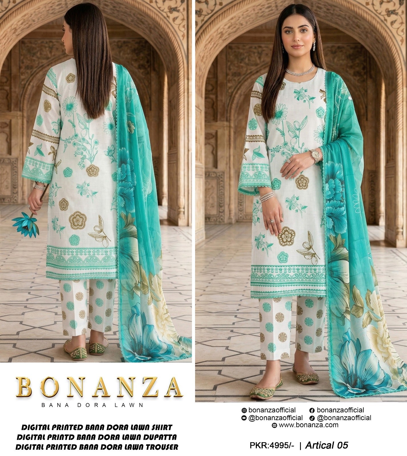 Bonanza Bana Dora Printed Lawn 3PC Suit – Digital Shirt, Doria Trouser & Dupatta | 2026 Collection