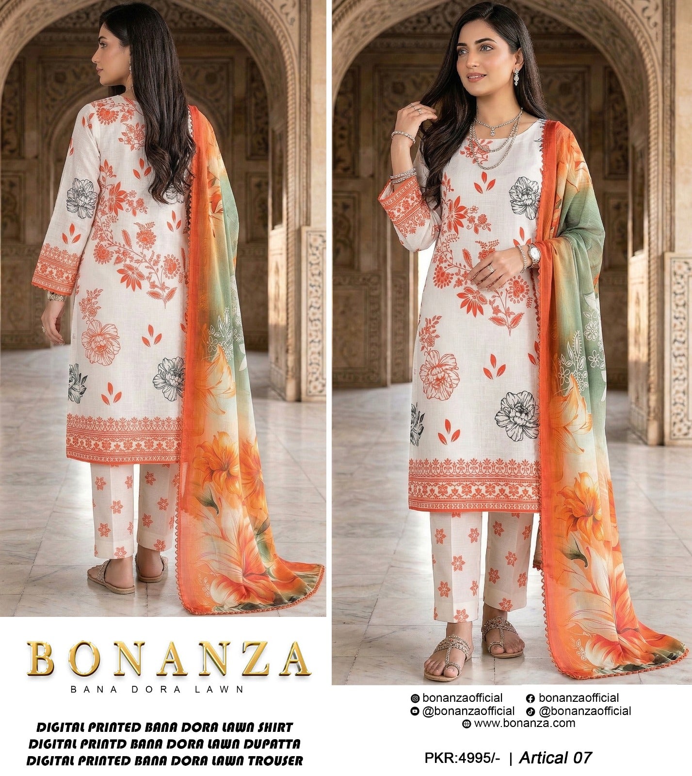 Bonanza Bana Dora Printed Lawn 3PC Suit – Digital Shirt, Doria Trouser & Dupatta | 2026 Collection