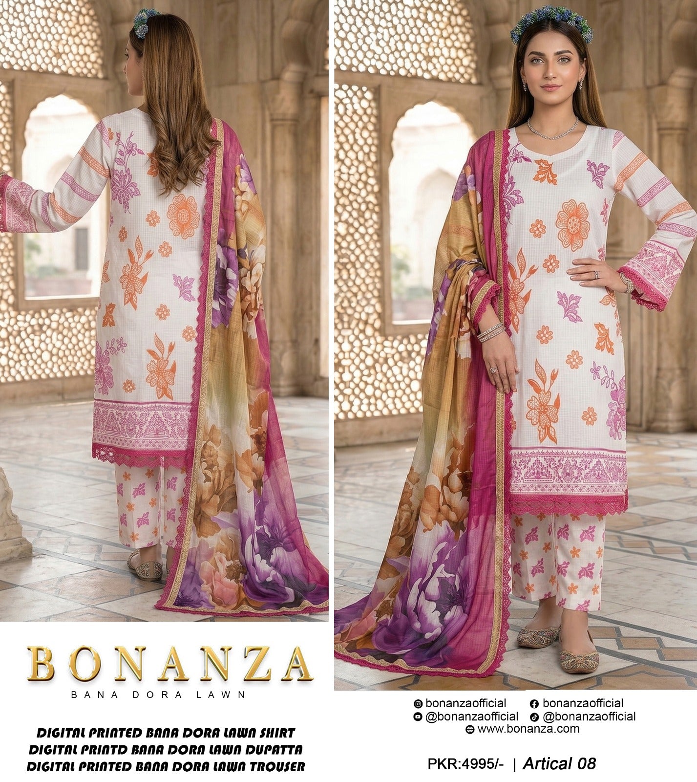Bonanza Bana Dora Printed Lawn 3PC Suit – Digital Shirt, Doria Trouser & Dupatta | 2026 Collection