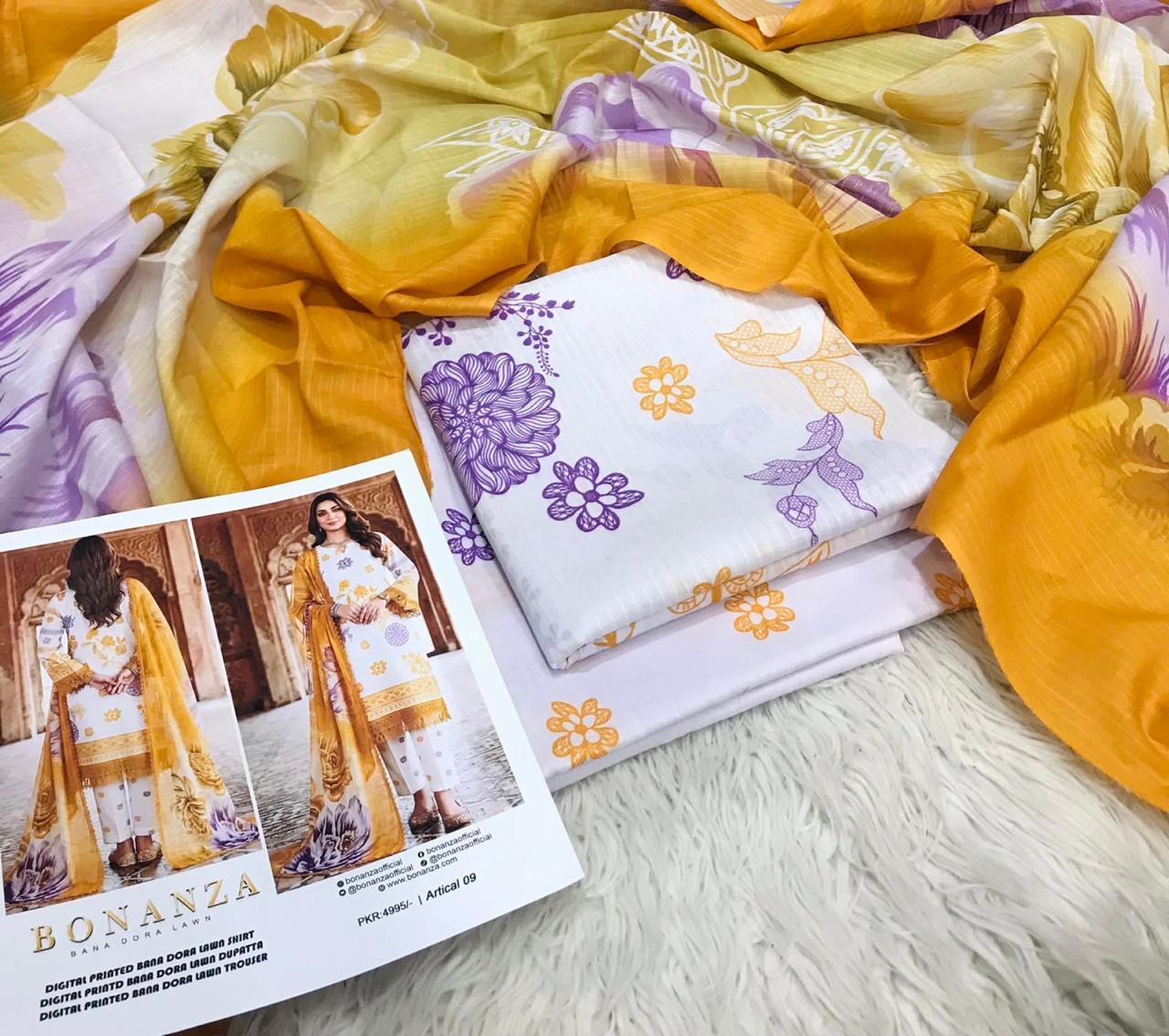 Bonanza Bana Dora Printed Lawn 3PC Suit – Digital Shirt, Doria Trouser & Dupatta | 2026 Collection