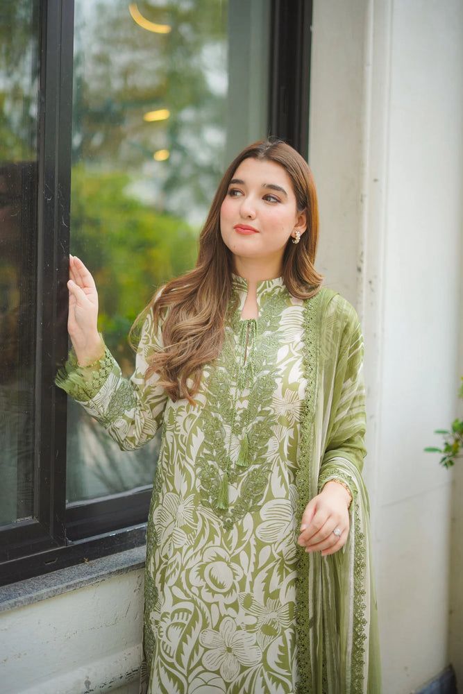 Aneela’s Design A-297 – Unstitched Printed Lawn 3 Piece Suit with Embroidered Neck Patch & Chiffon Dupatta