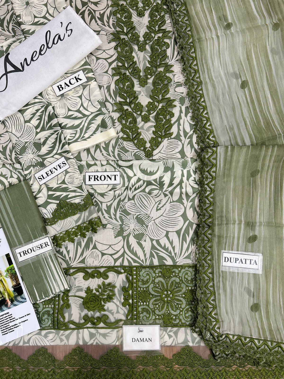 Aneela’s Design A-297 – Unstitched Printed Lawn 3 Piece Suit with Embroidered Neck Patch & Chiffon Dupatta